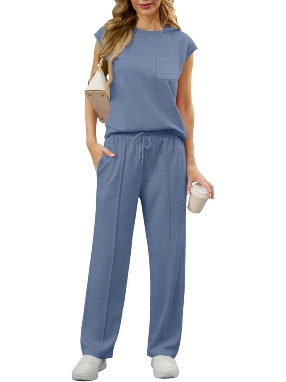 Women's Blue 2 Piece Sets Summer Outfits Sleeveless Wide Leg Tracksuits Casual